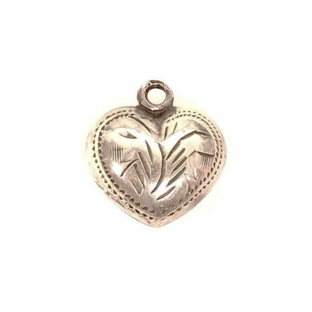 Tiny Vintage Puffy Heart‎ Charm Etched Design Sterling Silver*Love* Pendant*925